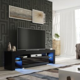 Rackhams 160cm TV Unit – Modern TV Stand Cabinet with Black High Gloss and Free LED - 160 cm - 1 - Black Matt Body & Black Gloss Doors - thumbnail 5
