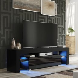 Rackhams 160cm TV Unit – Modern TV Stand Cabinet with Black High Gloss and Free LED - 160 cm - 1 - Black Matt Body & Black Gloss Doors - thumbnail 2