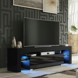 Rackhams 160cm TV Unit – Modern TV Stand Cabinet with Black High Gloss and Free LED - 160 cm - 1 - Black Matt Body & Black Gloss Doors