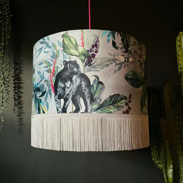 Rackhams Handmade Fringed Velvet Lampshade in Dust - Ceiling Pendant / Arc Lamp - 45cm diameter x 25cm Height (18″ x 10″) - image 1