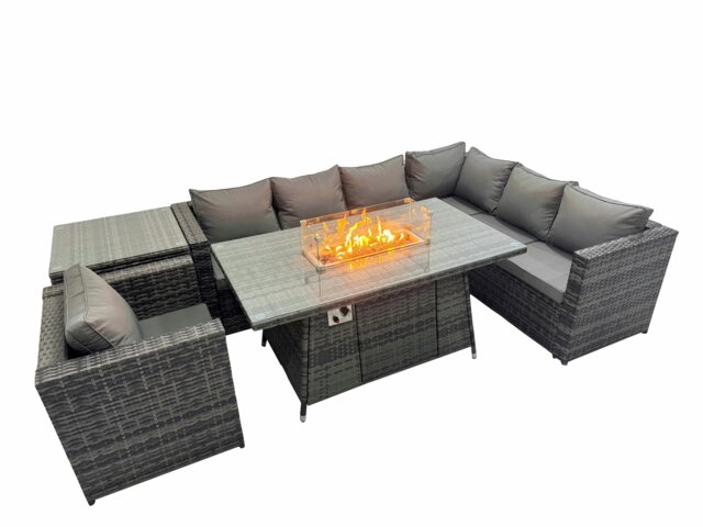 Rackhams Garden Rattan Furniture Set 7 Seater Outdoor Corner Sofa Chair Gas Fire Pit Dining Table Set with Side Table Dark Grey - image 1