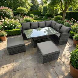 Rackhams 8 Seater Rattan Corner Sofa Set with Adjustable Dining Table & 2 Footstools - Dark Grey
