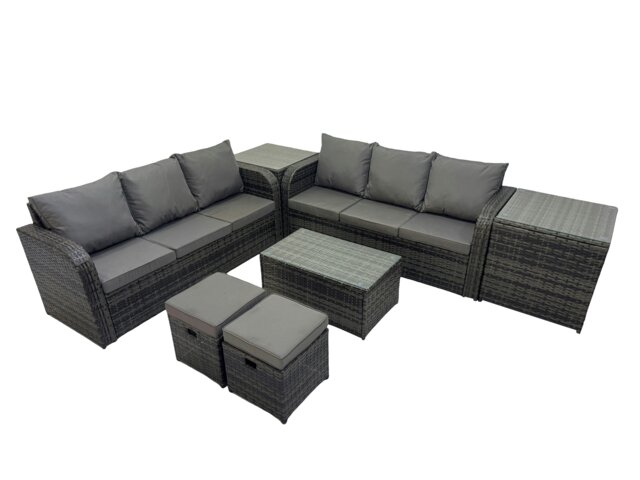 Rackhams Outdoor 3 Seater Sofa Coffee Table Set Garden Rattan Furniture Set 8 Seater with 2 Small Stools 2 Side Tables Dark Grey - image 1