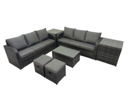 Rackhams Outdoor 3 Seater Sofa Coffee Table Set Garden Rattan Furniture Set 8 Seater with 2 Small Stools 2 Side Tables Dark Grey - thumbnail 1