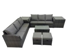 Rackhams Outdoor 3 Seater Sofa Coffee Table Set Garden Rattan Furniture Set 8 Seater with 2 Small Stools 2 Side Tables Dark Grey - thumbnail 2