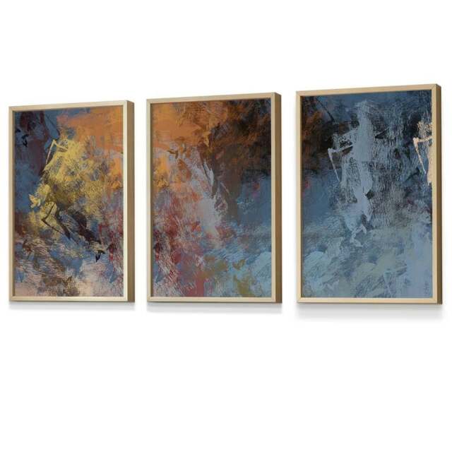 Rackhams Set of 3 Abstract Blue and Orange Framed Wall Art Prints - 30x42cm (A3) - Light Oak - image 1