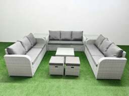Rackhams PE Rattan Lounge Sofa Set 11 Seater Outdoor Garden Furniture Set with Square Coffee Table 3 Seater Sofa 2 Stools 2 Side Table Light Grey - thumbnail 1