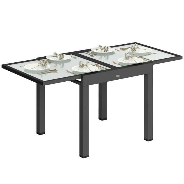 Rackhams Extending Garden Table, Outdoor Dining Table with Aluminium Frame and Tempered Glass Tabletop, 80/160 x 80 x 75 cm, Black and Clear - image 1