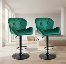 Rackhams Set of 2 Green Velvet Bar Stools Adjustable Swivel Breakfast Chairs with Footrest & Metal Base - thumbnail 3