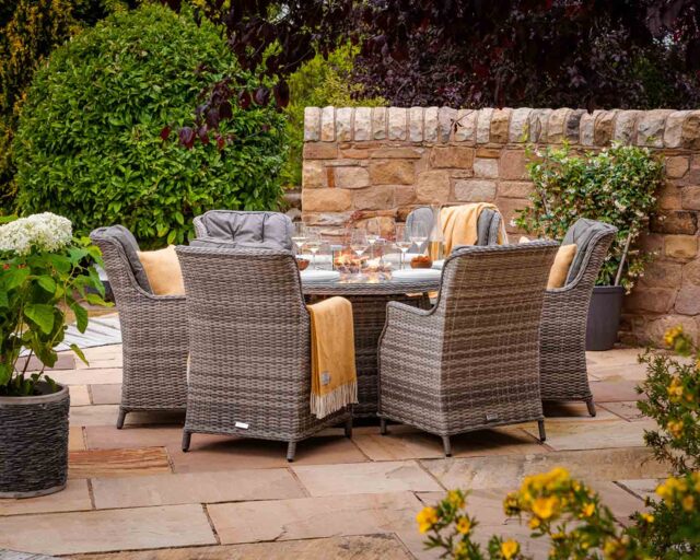 6 Seat Rattan Garden Dining Set With Round Table in Grey With Fire Pit - Riviera - Rattan Direct