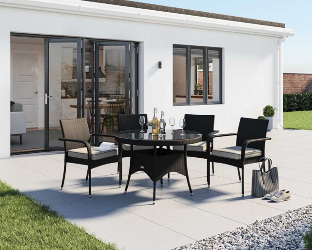 4 Rattan Garden Chairs & Small Round Dining Table Set in Black & White - Roma - Rattan Direct