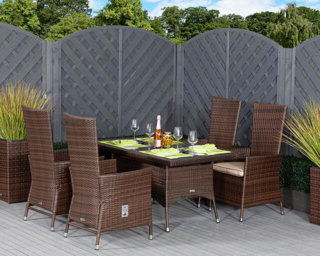 Small Rectangular Rattan Garden Dining Table Reclining Chairs