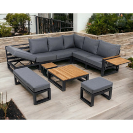 Aluminium & Teak Garden Corner Sofa Set with Built-in Right-Hand Recliner - Sequoyah - Rattan Direct