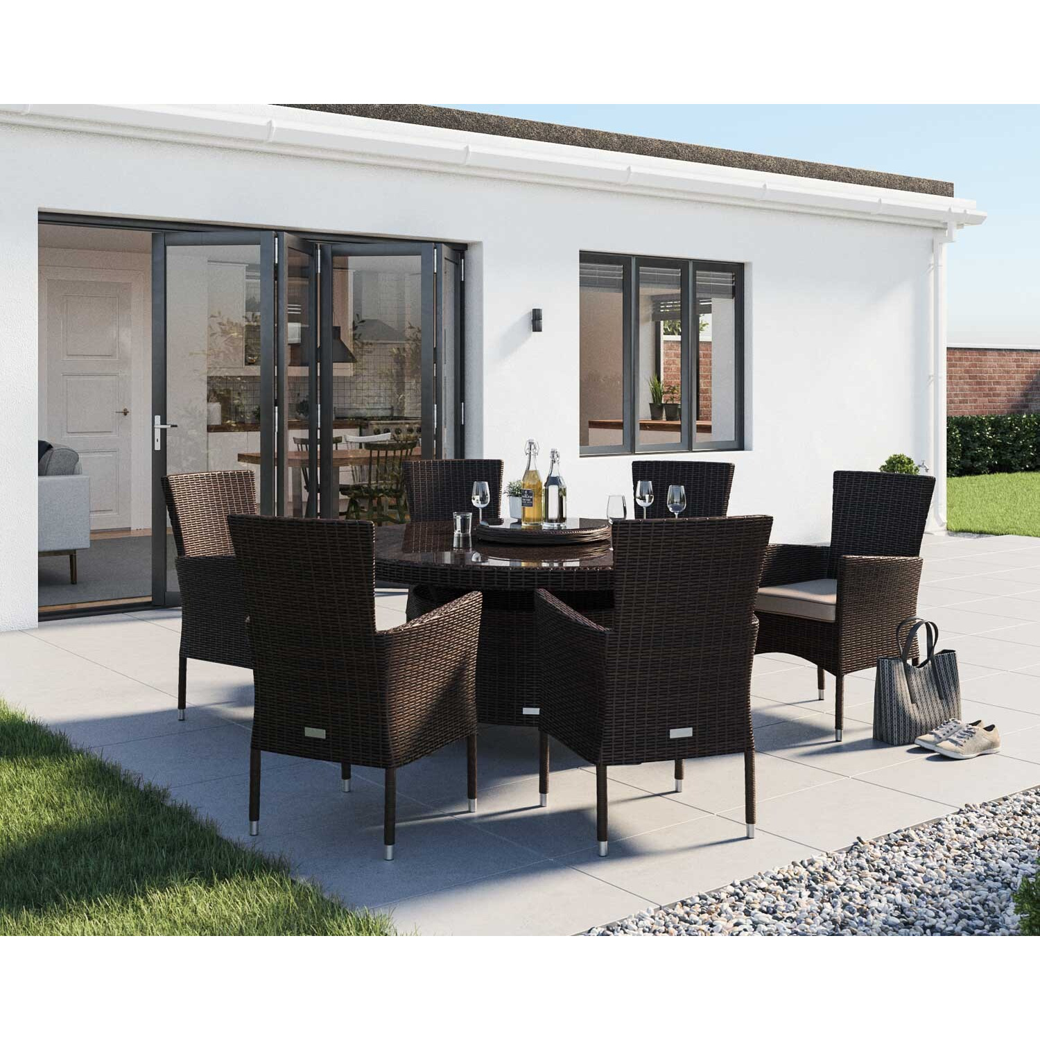 6 Seat Rattan Garden Dining Set With Large Round Dining Table Set in Brown - Cambridge - Rattan Direct