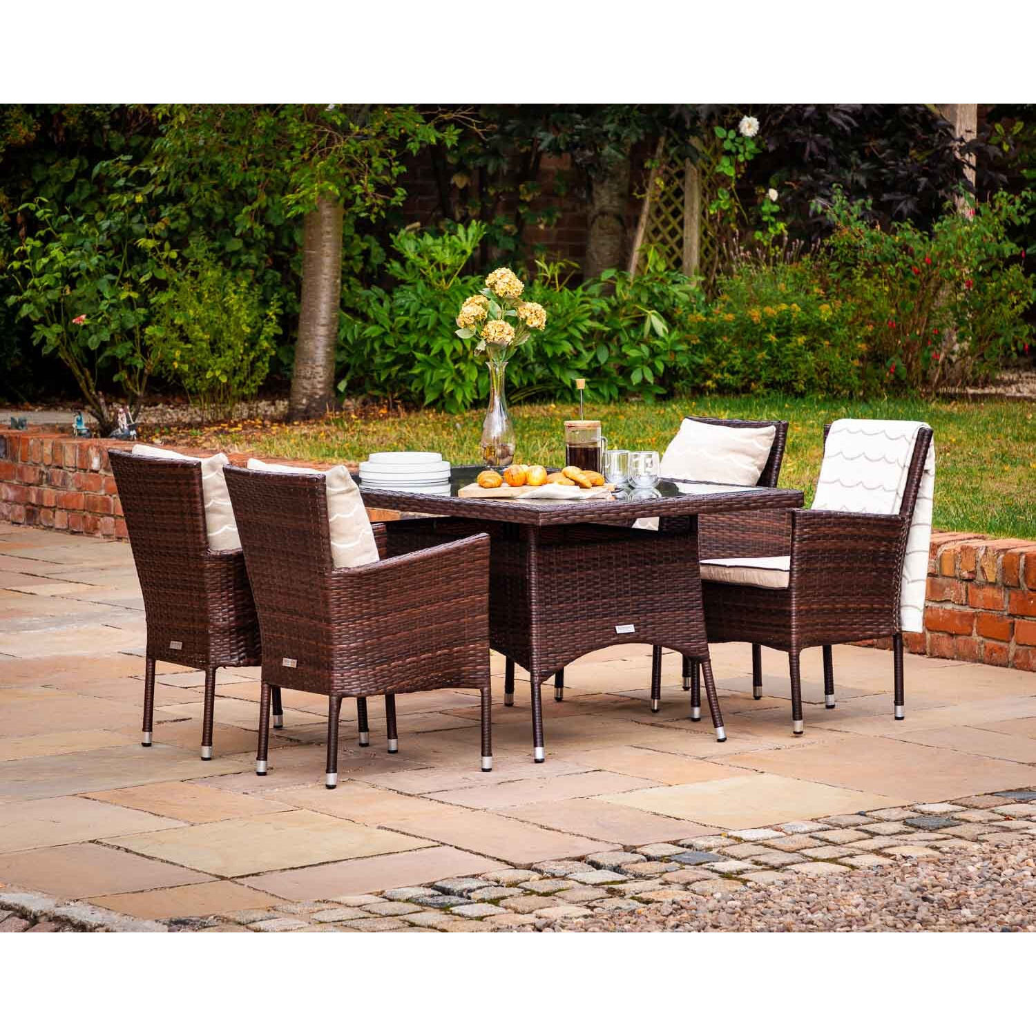 4 Rattan Garden Chairs & Small Rectangular Dining Table Set in Brown - Cambridge - Rattan Direct