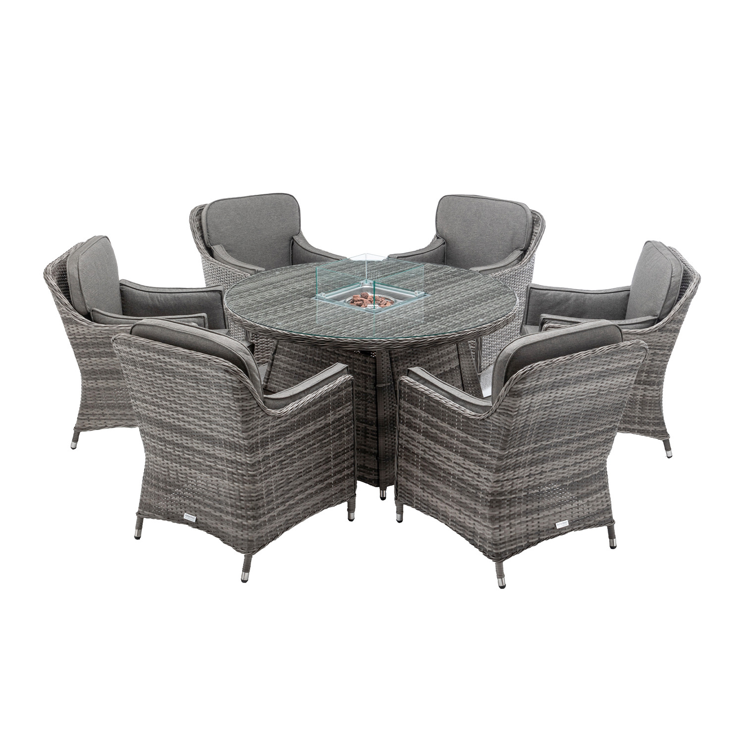 6 Seat Rattan Garden Dining Set With Round Table in Grey With Fire Pit - Lyon - Rattan Direct