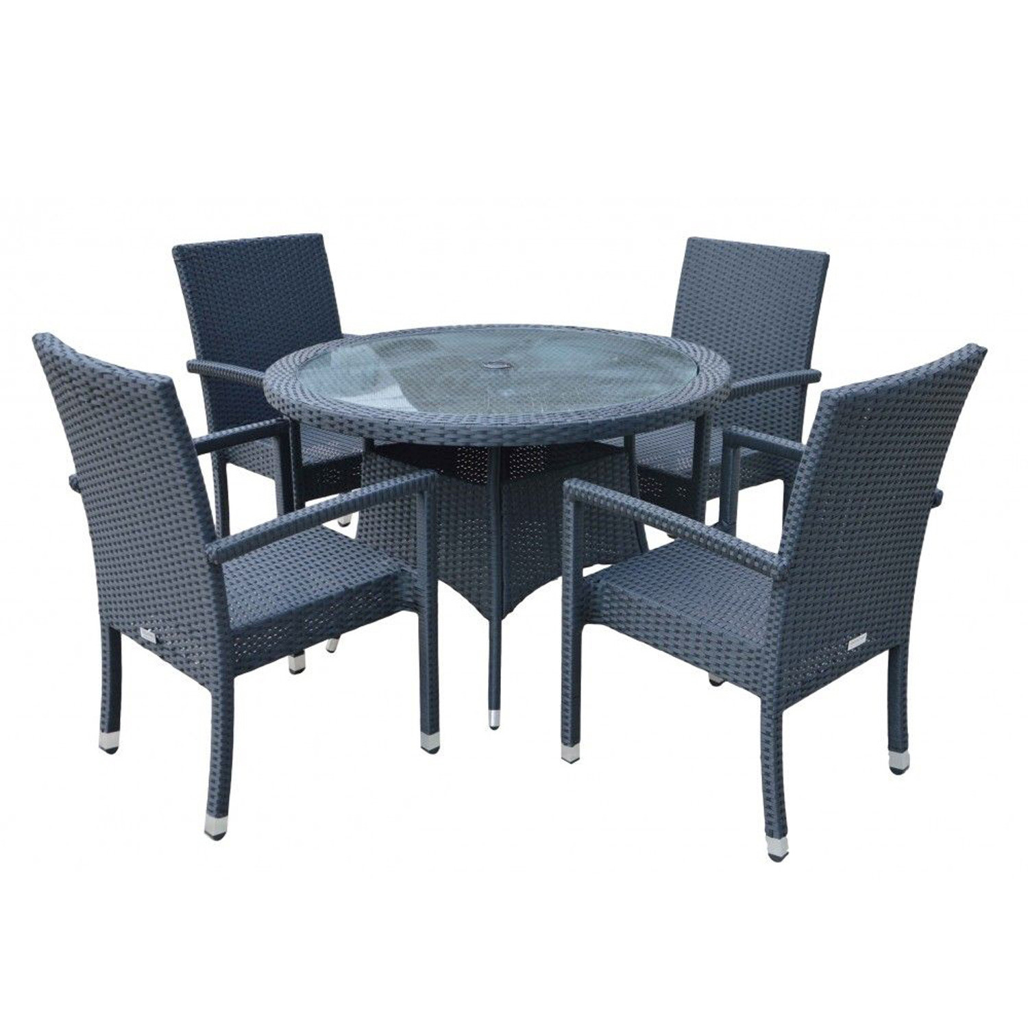 Rio 4 Armed Stacking Rattan Garden Chairs & Small Round Dining Table in Black - Rattan Direct