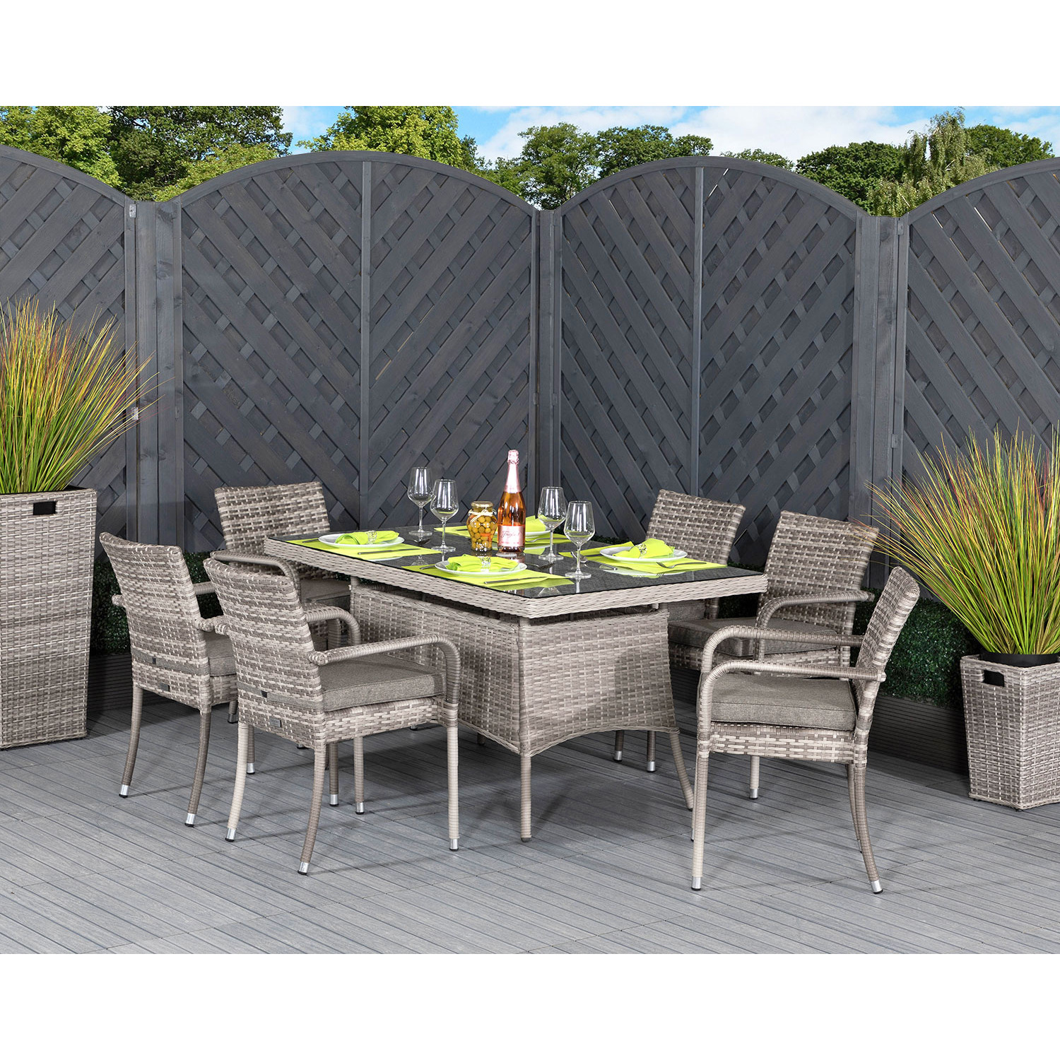6 Seat Rattan Garden Dining Set With Small Rectangular Dining Table in Grey - Roma - Rattan Direct