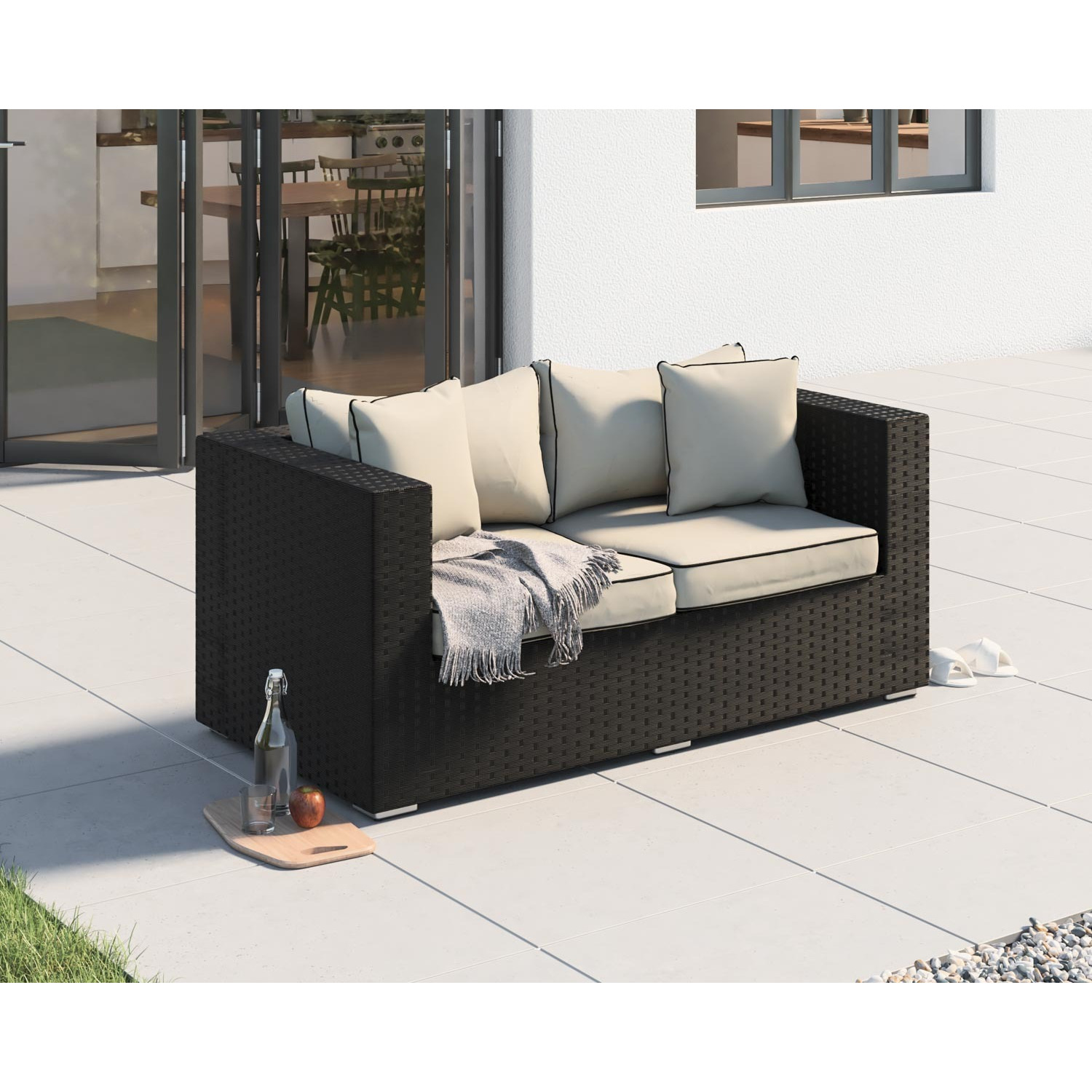 2 Seater Rattan Garden Sofa in Black With White Cushions - Ascot - Rattan Direct