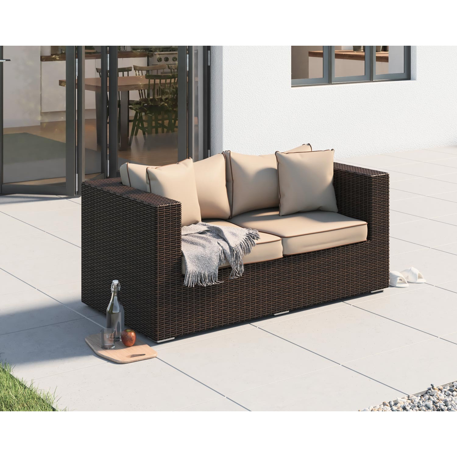 2 Seater Rattan Garden Sofa in Brown - Ascot - Rattan Direct
