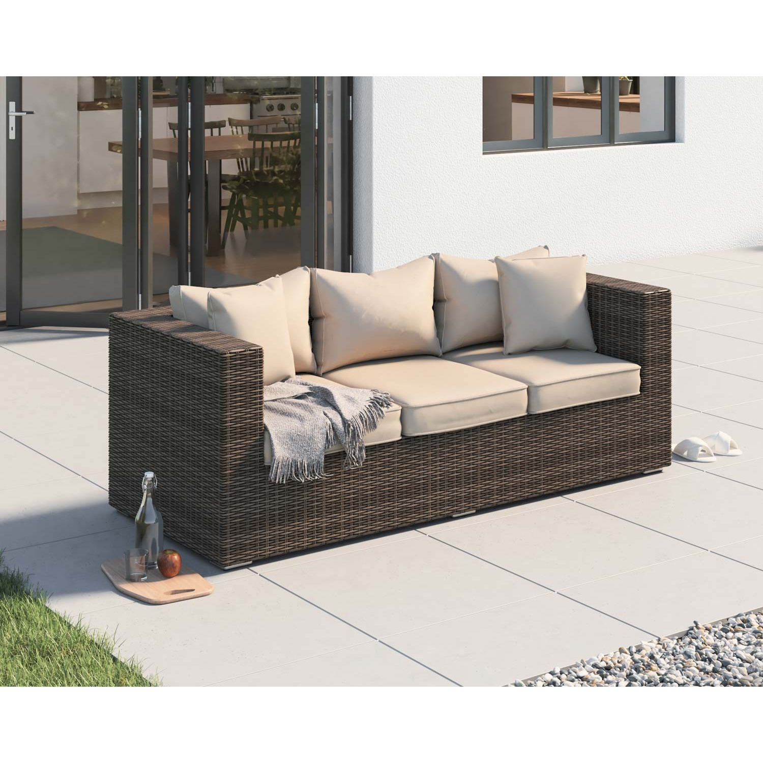 3 Seater Rattan Garden Sofa in Truffle Brown & Champagne - Ascot - Rattan Direct