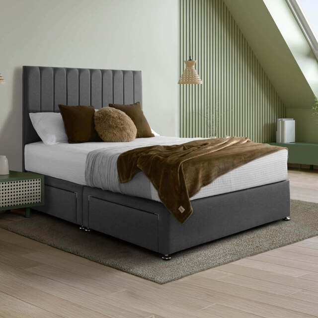 Padded Luxury Divan Bed & Modern Headboard, Grey / No Drawers / UK Double 135x190cm