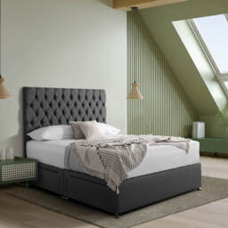 Padded Luxury Divan Bed & Chesterfield Headboard, Grey / 4 Drawer Continental / UK Double 135x190cm - thumbnail 2