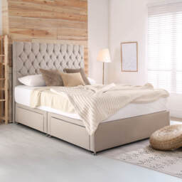 Padded Luxury Divan Bed & Chesterfield Headboard, Grey / 4 Drawer Continental / UK Double 135x190cm