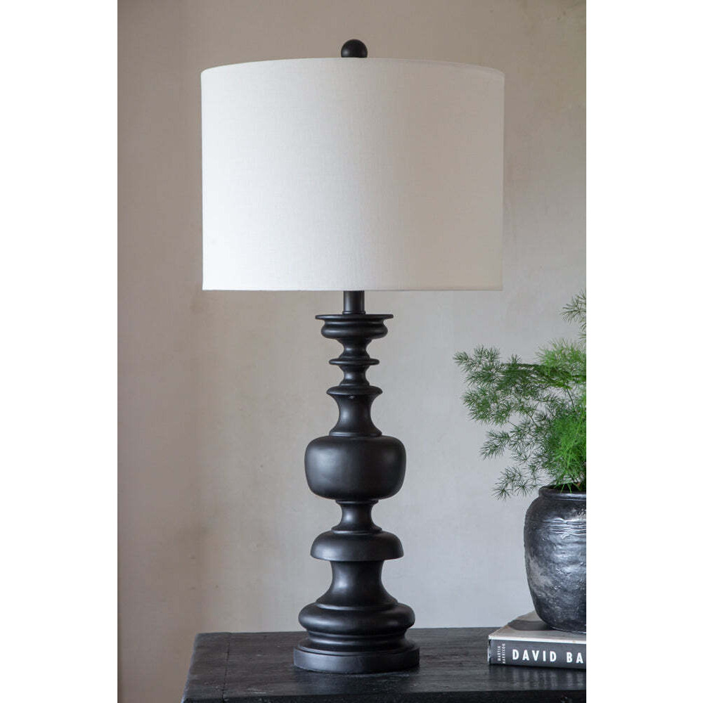 Black Turned Wood Table Lamp With Linen Lamp Shade - image 1