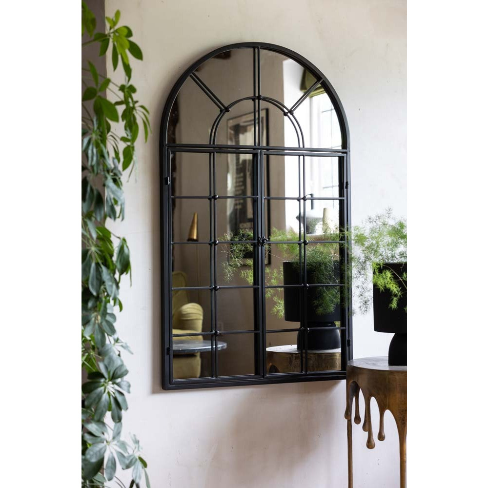 Black Metal Arch Window Pane Indoor/Outdoor Mirror With Opening Doors