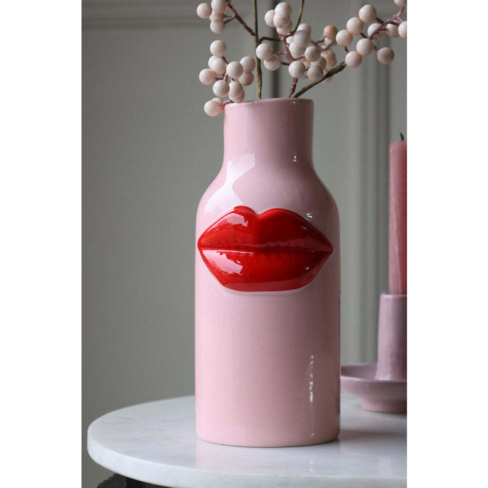 Pink Ceramic Vase With Luscious Red Lips - image 1