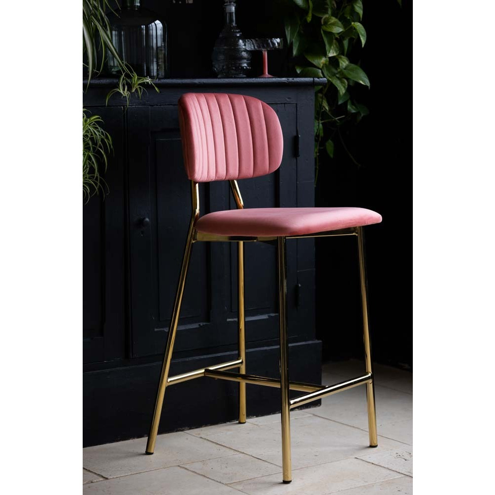 Coral Pink Velvet Bar Stool With Gold Legs - image 1