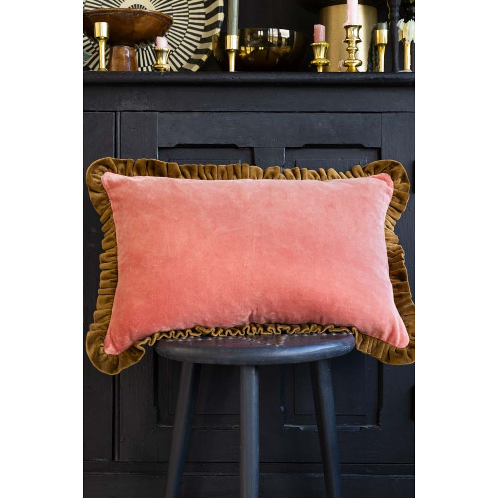 Vintage Pink Velvet Cushion With Green Ruffle - image 1