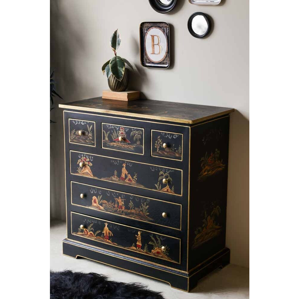 Black Chinoiserie-style Deco 6 Drawer Chest - image 1