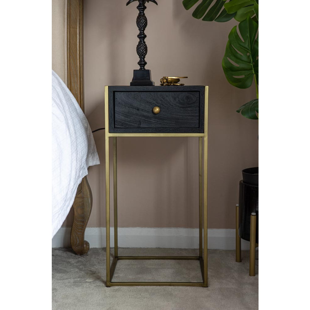 Black Wood & Brass Leg Bedside Table