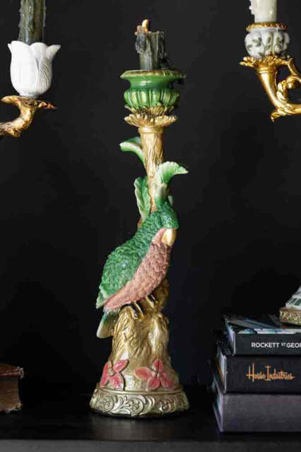 Ornate Gold & Green Parrot Candlestick Holder - image 1