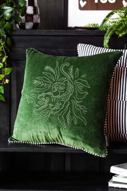 Green Velvet & Monochrome Stripe Embroidered Tiger Cushion Cover - image 1
