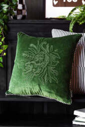 Green Velvet & Monochrome Stripe Embroidered Tiger Cushion Cover - thumbnail 1