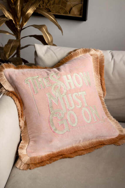 Pink Velvet Double-Fringed Show Must Go On Embroidered Cushion - image 1