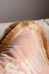 Pink Velvet Double-Fringed Show Must Go On Embroidered Cushion - thumbnail 5