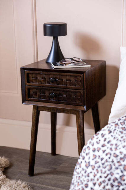 Dark Wood Basket Weave 2-Drawer Bedside Table - image 1