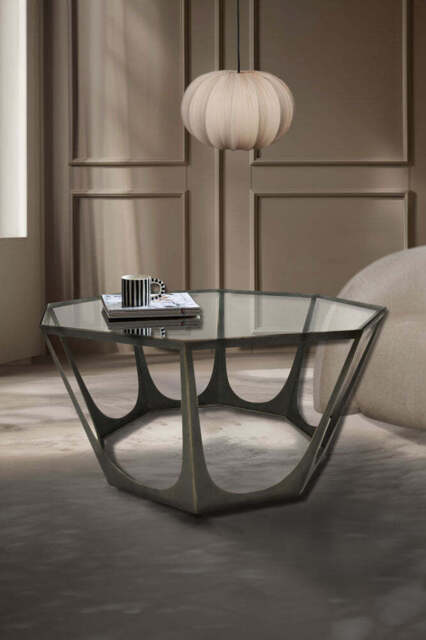 Bronze Sculpted Coffee Table with Glass Top - image 1