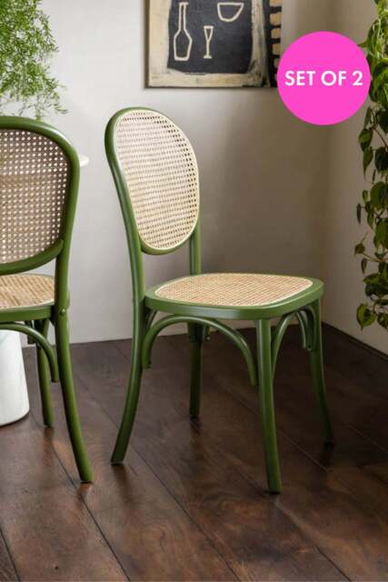 Set of 2 Chez Pitou Wood & Woven Cane Dining Chairs in Green - image 1