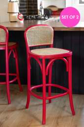 Set of 2 Chez Pitou Wood & Woven Cane Bar Stools in Red