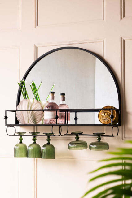 Wall-Mounted Black Metal Bar Shelf With Mirror - image 1