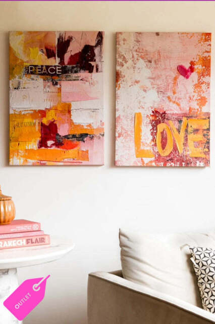 Set of 2 Pink & Orange Abstract Peace/Love Wall Art - SECONDS - image 1