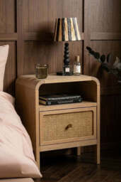 Curved Wood & Rattan Bedside Table