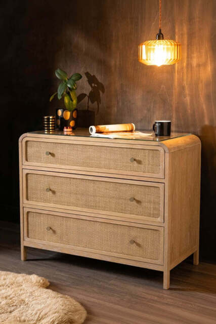 Curved Wood & Rattan Chest Of Drawers - image 1