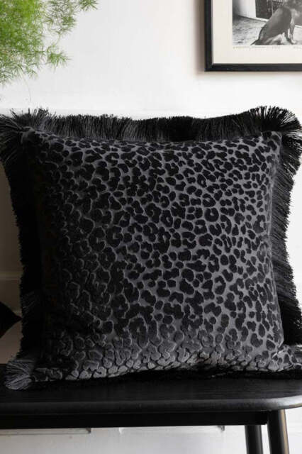 Black Leopard Velvet Cushion with Fringe Trim - image 1