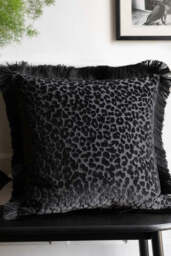 Black Leopard Velvet Cushion with Fringe Trim - thumbnail 1
